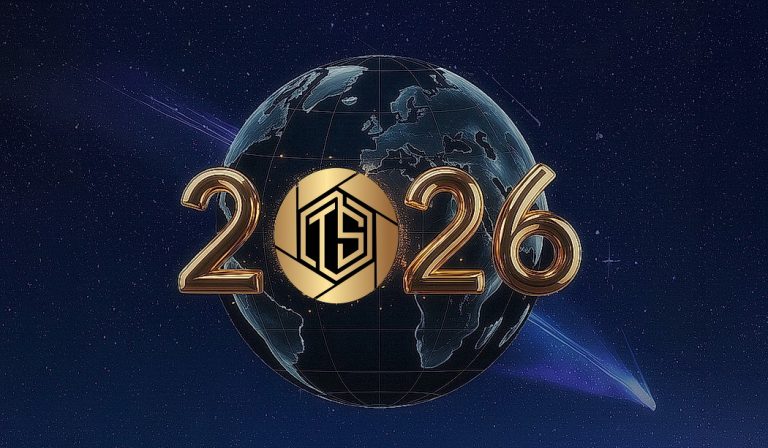 Das Foto zeigt die Weltkugel in einem Universum – mit einem Lichtstrahl – in ganz tiefen dunkelblauen Tönen – den Brandfarben Business Fotograf Düsseldorf Thomas Schoo in gold platziert die Jahreszahl 2026 und in der Null das Logo von Thomas Schoo