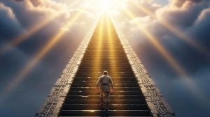 Ein Mann schreitet eine Treppe hinauf, ist auf dem Weg „ Für den Himmel durch die Hölle “ – die Sonne begrüßt im mit ihrem hellen Strahlen!