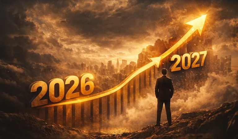 Das Titelbild von Business Neuausrichtung 2026 mit Planänderung habe ich selber kreiert – es ist nicht von mir fotografiert! Es zeigt einen düsteren Himmel, fast wie vor einer Naturkatastrophe. Dazu einen Mann im Businessanzug vor der New Yorker Skyline. Vor dieser ist ein Histogramm mit stetiger Steigerung – symbolisiert durch einen Pfeil der von unten nach oben geht! Links die Jahreszahl 2026 am höchstem Peak rechts die Jahreszahl 2027!