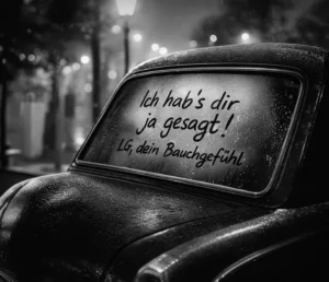 Ein Auto steht in den Abendstunden und Laternenbeleuchtung mit beschlagenen Scheiben am Straßenrand!