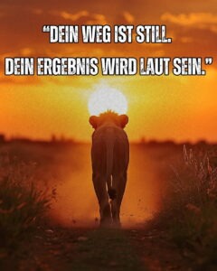 Fotograf Thomas Schoo und seine Marke „ Der Menschenfotograf “ sprechen gerne in Form von Fotos, auch in Kombination von Metaphern und Sprüchen! Dieses Foto zeigt eine Löwin (rückseitig) die Richtung Sonnenuntergang läuft. Eine goldgelbe Sonne in der Prärie – darüber der vielsagende Spruch „Dein Weg ist still – Dein Ergebnis wird laut sein.“