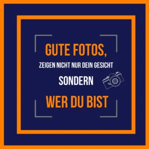 Zitat-Grafik von Thomas Schoo: „Gute Fotos zeigen nicht nur dein Gesicht, sondern wer du bist“ im dunkelblauen und orangefarbenen Marken-Design für Personal Branding Fotografie im Münsterland.
