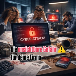 Dieses Foto soll symbolisieren, wie schnell es passiert, dass ein Angriff auf dein Business passiert! Monitore und Handys zeigen CYBER ATTACK. Im Hintergrund panisch agierende Mitarbeiter, die die Situation versuchen zu retten!