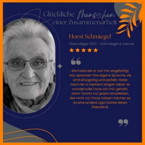Eine selbstgestaltete Testimonial-Grafik mit meinen Brandfarben dunkelblau und orange! Dieses unter dem Motto „ Glückliche Menschen einer Zusammenarbeit “ Kunden sprechen über Thomas Schoo dem Personal Branding- u. Business Fotograf Münsterland! Feedback von Horst Schmiegel Senior-SEO Architekturbüro Schmiegel & Denne aus Ochtrup.